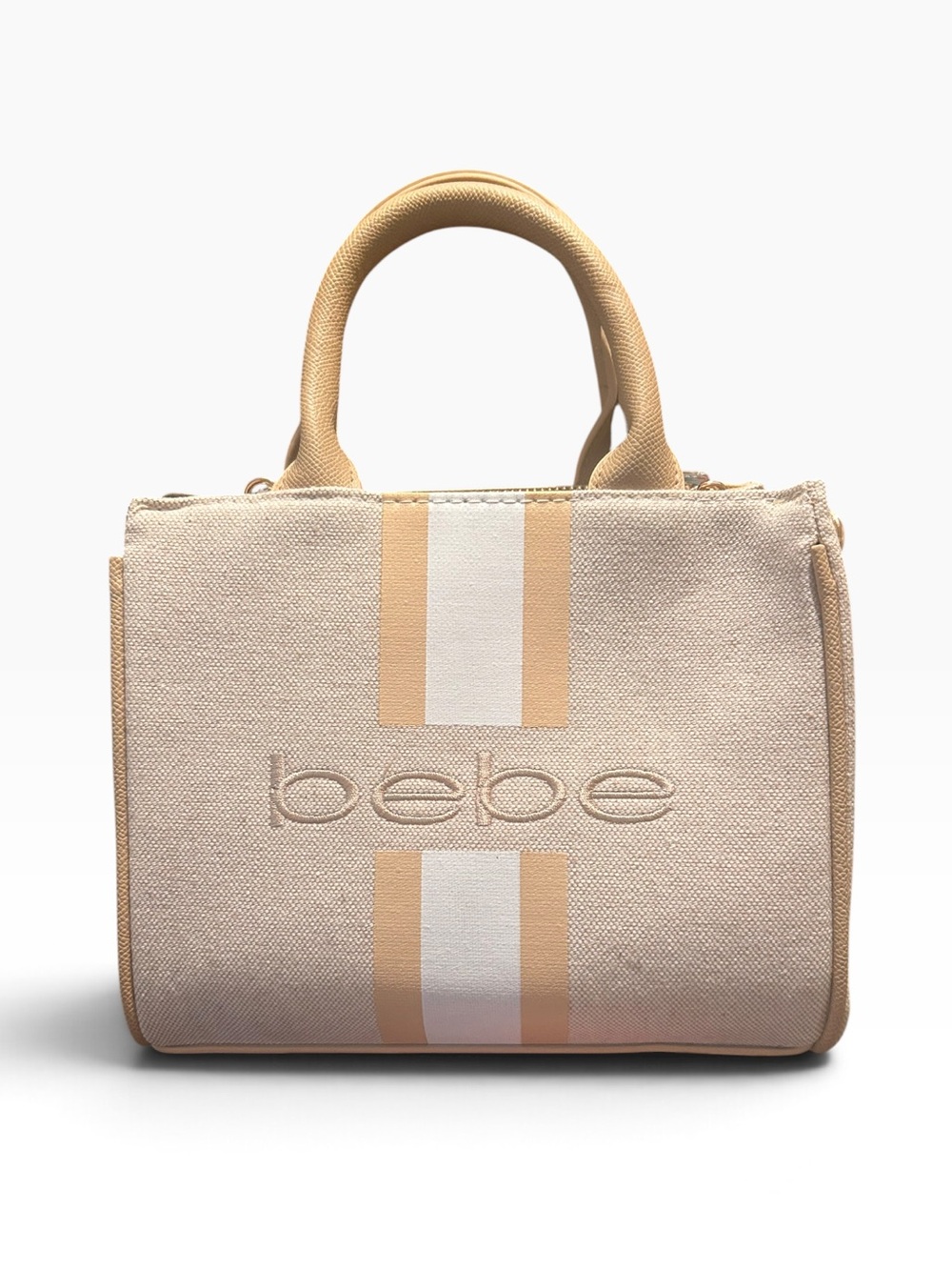bebe Beige Canvas Stripe Satchel with Tan & White Accents